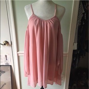 Blush pink, cold shoulder dress.